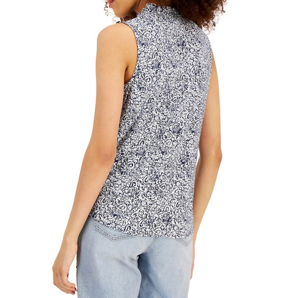 Cute stretch INC paisley top from Macys with tie neck and blue tassels - Picture 4 of 11